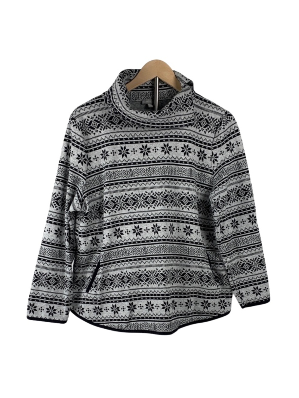 Talbots Grey Black Cowl Neck Cotton Pullover Sweater XL Petite Fair Isle Festive